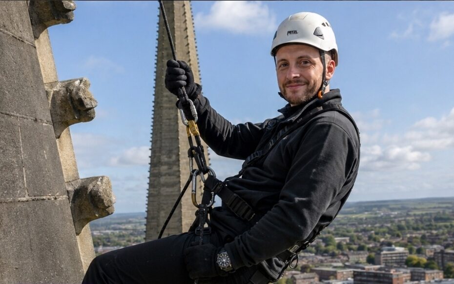 David Hunter taking part in the Wakefield Cathedral charity abseil for Focusing Minds