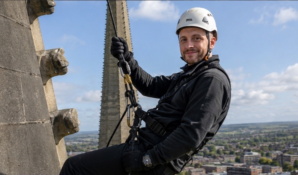 David Hunter taking part in the Wakefield Cathedral charity abseil for Focusing Minds